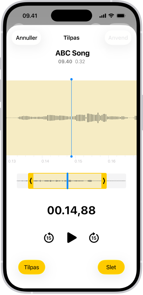 En optagelse, der redigeres, med de gule tilpasningshåndtag nederst på skærmen, hvor de markerer et stykke af lydbølgeformen. Knappen Afspil og en tidtagning til optagelsen vises under bølgeformen. Tilpasningshåndtagene er under knappen Afspil. Knappen Tilpas (til sletning af den del af optagelsen, der er uden for håndtagene), og knappen Slet (til sletning af optagelsesdelen inden for håndtagene) er placeret på hver sin side af knappen Afspil.