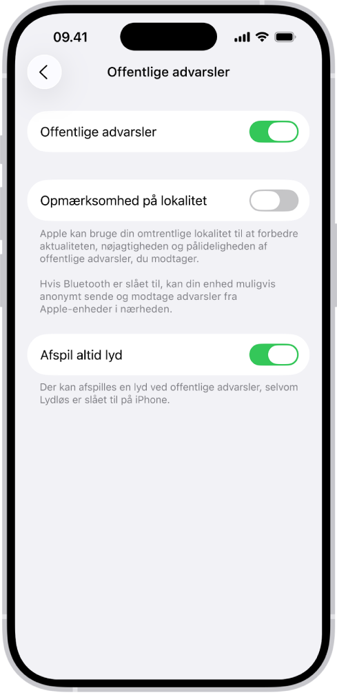 Skærmen for offentlige advarsler med Offentlige advarsler, Opmærksomhed på lokalitet og Afspil altid lyd slået til.