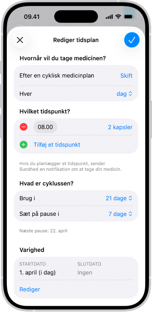 Skærmen Medicin i Sundhed, der viser muligheder for at redigere medicinplanen for en medicin.