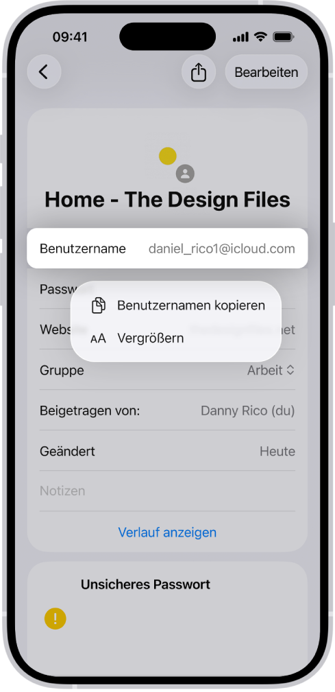 Ein Account-Bildschirm mit dem markierten Benutzernamen sowie den Optionen „Benutzernamen kopieren“ und „Vergrößern“.