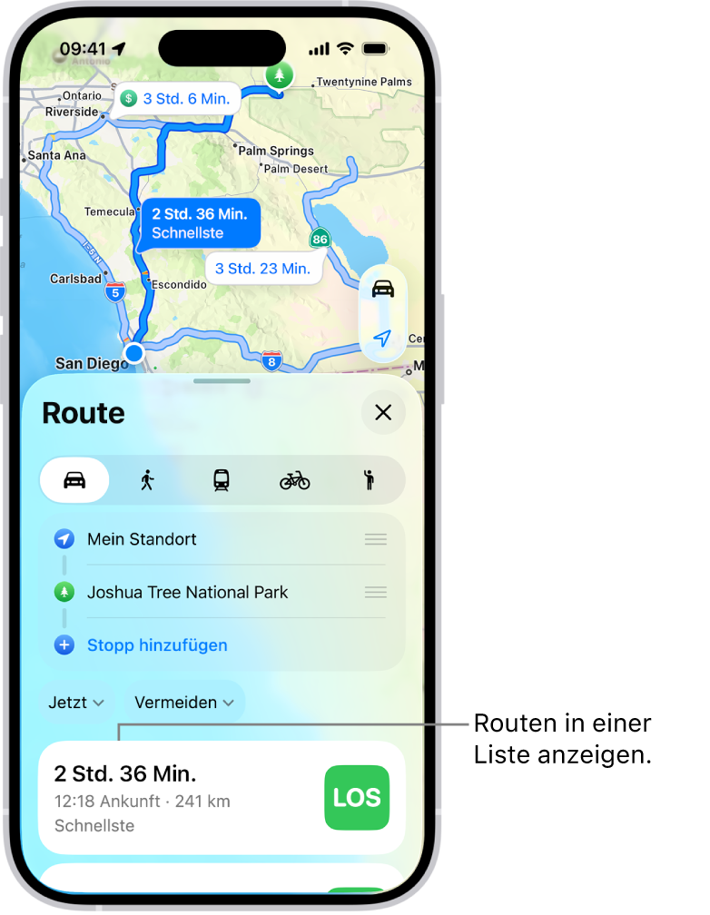 Eine Karte mit mehreren Routenoptionen.