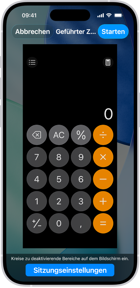 Ein iPhone mit dem Einrichtungsbildschirm für die Funktion „Geführter Zugriff“. Das iPhone ist vorübergehend auf die App „Rechner“ beschränkt und eine der Tasten in der App ist deaktiviert.