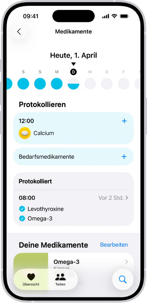 Der Bildschirm „Medikamente“ in der App „Health“ mit dem Datum und einem Protokoll für die Medikamenteneinnahme.