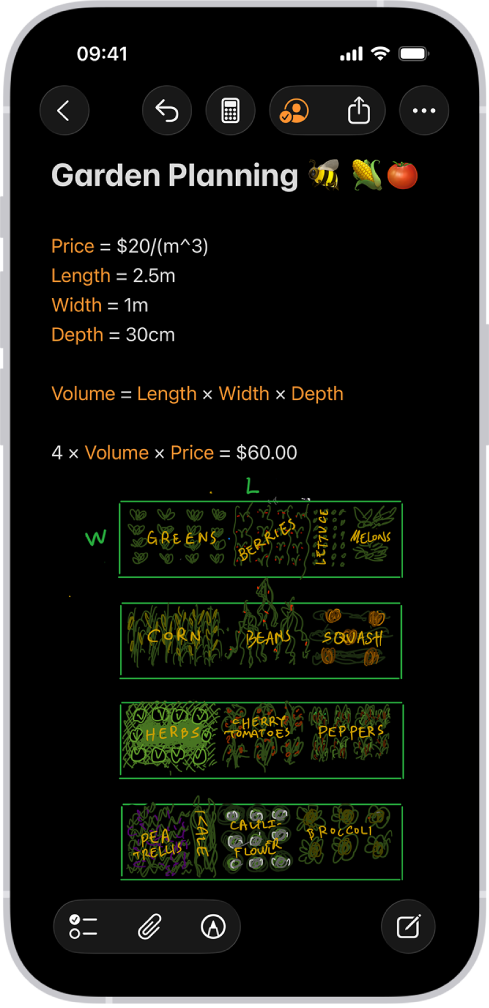 Eine mathematische Notiz ist im Rechner geöffnet, mit deklarierten Variablen, Gleichungen und einer Zeichnung des mathematischen Problems.