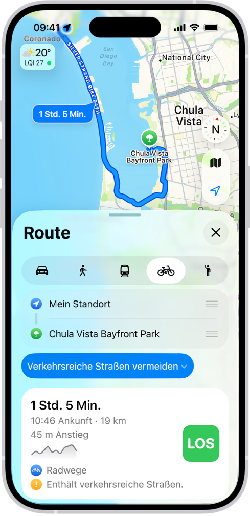 Eine Karte mit Optionen für Fahrradrouten. Die Routenkarte unten enthält Details, darunter die voraussichtliche Wegzeit, Höhenunterschiede und Straßenarten. Die Taste „Los“ wird rechts neben den Routendetails angezeigt.