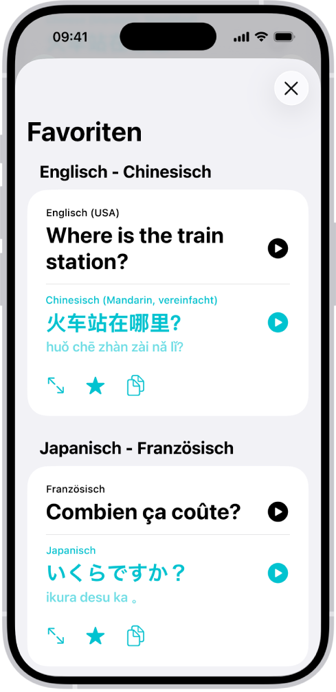 Der Tab „Favoriten“ mit gesicherten Sätzen, die vom Englischen ins Chinesische und vom Französischen ins Japanische übersetzt wurden.