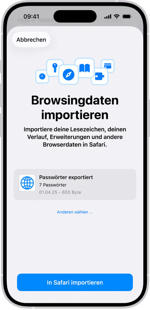Der Bildschirm „Browsingdaten importieren“ mit der CSV-Datei mit Passwörtern von einem anderen Passwortmanager, die importiert werden soll.