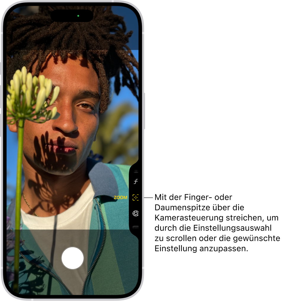 Das Menü „Kamerasteuerung“ ist in der App „Kamera“ geöffnet. Das Steuerelement „Zoomen“ ist ausgewählt.