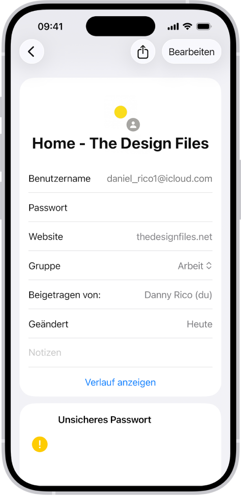 Eine Liste mit allen Accounts mit Passwörtern, die in der App „Passwörter“ gesichert sind.