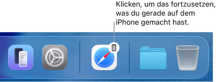 Das Symbol „Handoff“ ist im Dock auf einem Mac sichtbar.