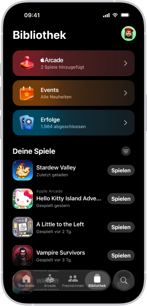 Die App „Spiele“ zeigt den Tab „Mediathek“ mit Bereichen für „Apple Arcade“, Spielereignissen und Erfolgen sowie eine scrollbare Liste mit kürzlich gespielten und geladenen Spielen.