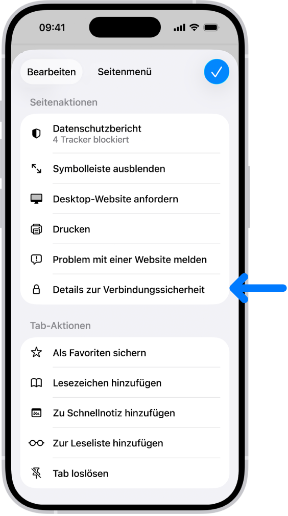 Das Seitenmenü ist in Safari geöffnet und das Steuerelement „Details zur Verbindungssicherheit“ befindet sich in der Mitte der Seite.