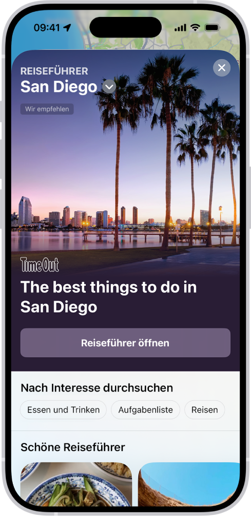 Die App „Karten“ zeigt einen Reiseführer für Unterwasserorte.