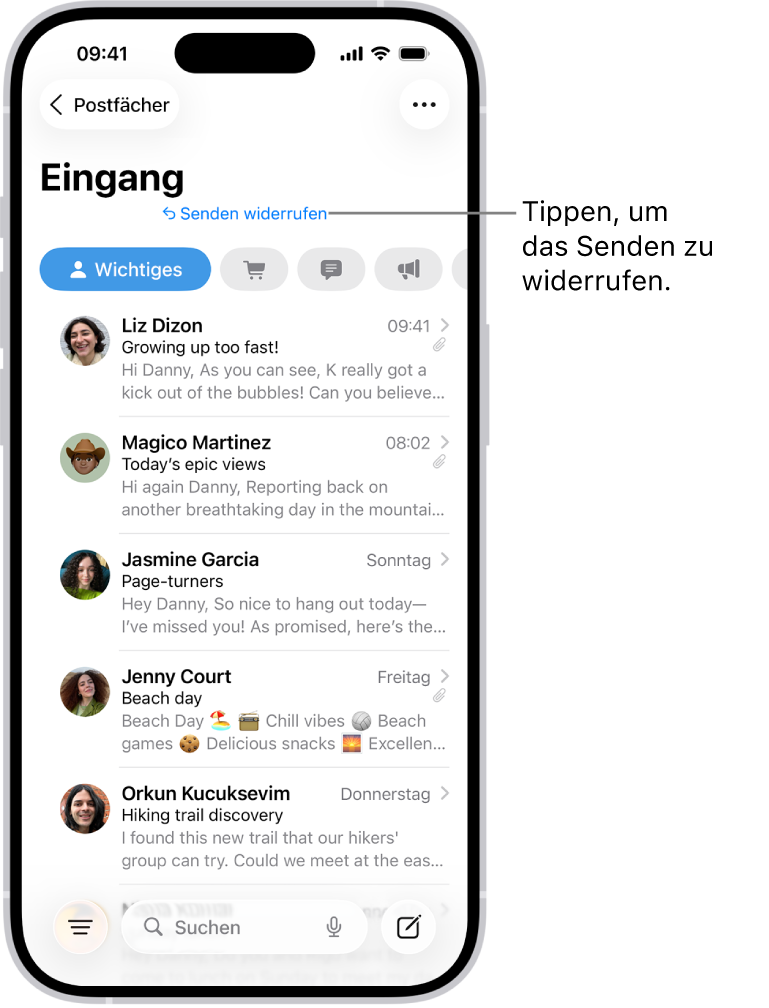 Der Posteingang mit einer Liste von Nachrichten. Die Taste „Senden widerrufen“ (zum Zurückrufen einer vor Kurzem gesendeten Nachricht) befindet sich unten in der Mitte.
