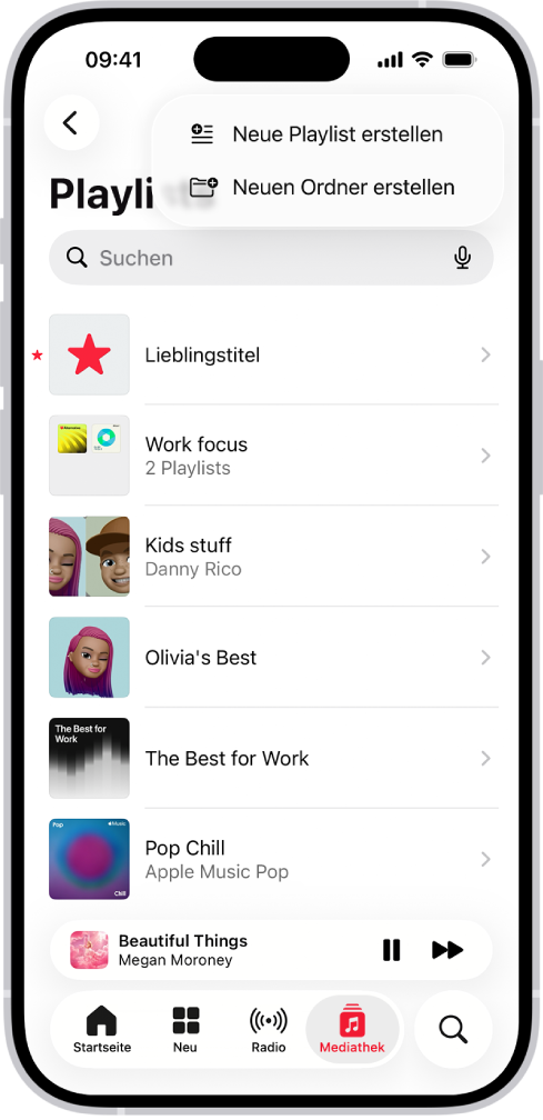Der Tab „Mediathek“ zeigt eine Liste mit Playlists an. Oben befinden sich Tasten zum Erstellen einer neuen Playlist oder eines neuen Ordners.