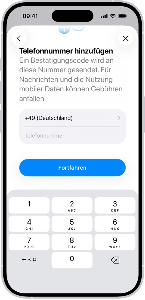 Der Bildschirm „Telefonnummer hinzufügen“ in „Einstellungen“.