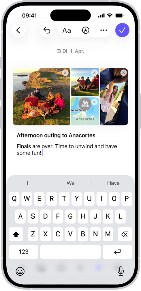 Ein Bildschirm in der App „Journal“ zeigt Fotos und einen Eintrag, der gerade bearbeitet wird.