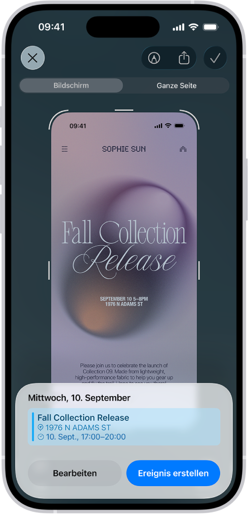 Ein Flyer von einem Ereignis ist in Visual Intelligence geöffnet. Ein Kalenderereignis wird unten auf dem Bildschirm angezeigt zusammen mit Tasten zum Bearbeiten und Erstellen des Ereignisses.