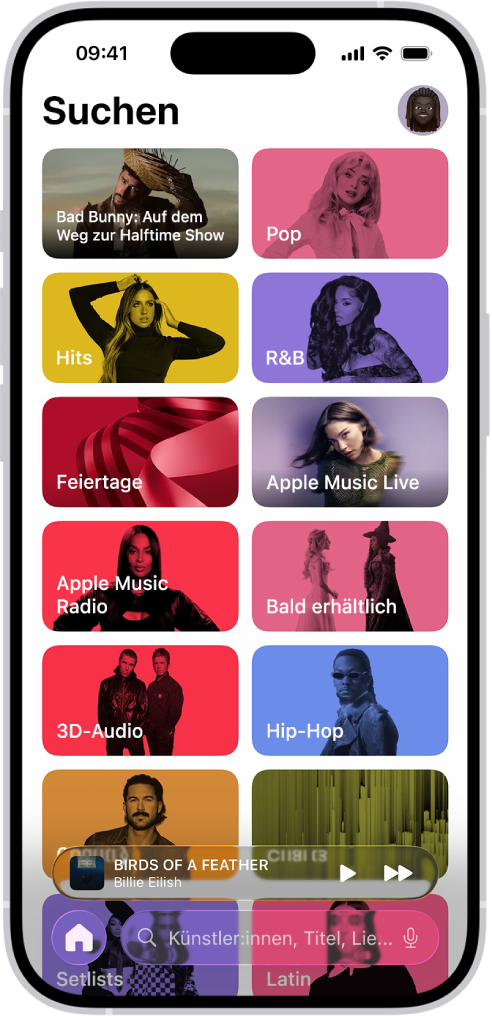 Der Tab zum Suchen mit dem Suchfeld oben. Mehrere Musikkategorien werden darunter angezeigt, wie „Hits“ und „Klangtherapie“.
