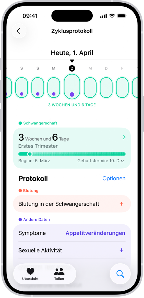Der Bildschirm „Zyklusprotokoll“ mit einer Schwangerschaftszeitleiste für eine Woche im oberen Bereich. Die ersten 5 Tage der Zeitleiste sind mit hellgrünen Ovalen und violetten Punkten markiert. Die übrigen Tage der Zeitleiste sind mit gestrichelten hellgrünen Ovalen markiert. Unter der Zeitleiste befindet sich die Schwangerschaftsübersicht mit dem Schwangerschaftsalter, dem Anfangsdatum und dem berechneten Geburtstermin. Unter der Schwangerschaftsübersicht befinden sich Optionen zum Hinzufügen von Informationen über Blutungen während der Schwangerschaft, Symptome und mehr.