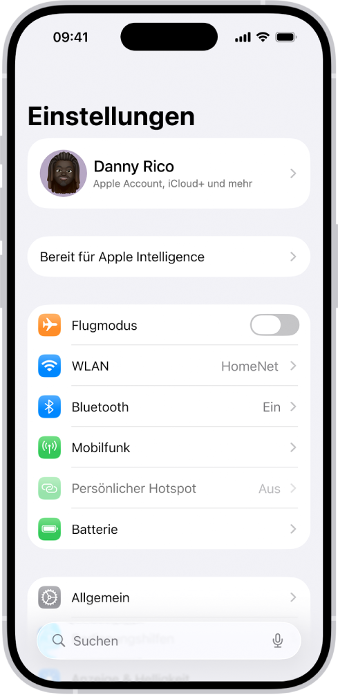 Bildschirm der App „Einstellungen“ mit dem Suchfeld oben und mehreren Einstellungen, darunter „WLAN“, „Mitteilungen“ und „Töne & Haptik“, darunter.