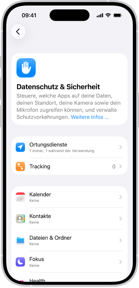 Der Bildschirm „Datenschutz & Sicherheit“ mit Einstellungen für Ortungsdienste und Tracking sowie Einstellungen zum Verwalten der Apps, die auf deine Daten zugreifen können.