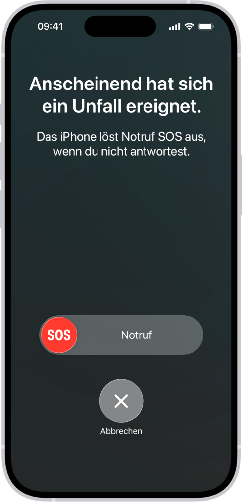 Der Bildschirm „Unfallerkennung“ zeigt eine Mitteilung, dass du einen Unfall hattest. Darunter ist der Schieberegler „Notruf SOS“ mit einer Taste zum Abbrechen.