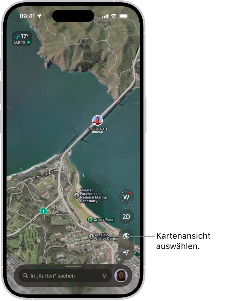 Eine Straßen- und Parkkarte in 3D mit Bäumen, Sehenswürdigkeiten und Einrichtungen wie WCs.
