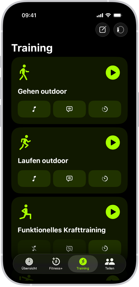 Der Trainingsbildschirm „Fitness“ zeigt drei Trainingsarten an. Tasten zum Protokollieren eines Trainings und zum Verbinden eines Herzfrequenzmessgeräts sind oben auf dem Bildschirm.
