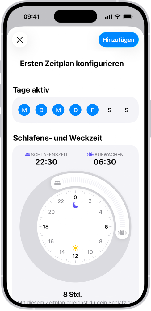 Der Bildschirm „Ersten Zeitplan konfigurieren“ in der App „Health“ mit dem Bereich „Tage aktiv“ und Uhren für „Schlafenszeit“ und „Aufwachen“.