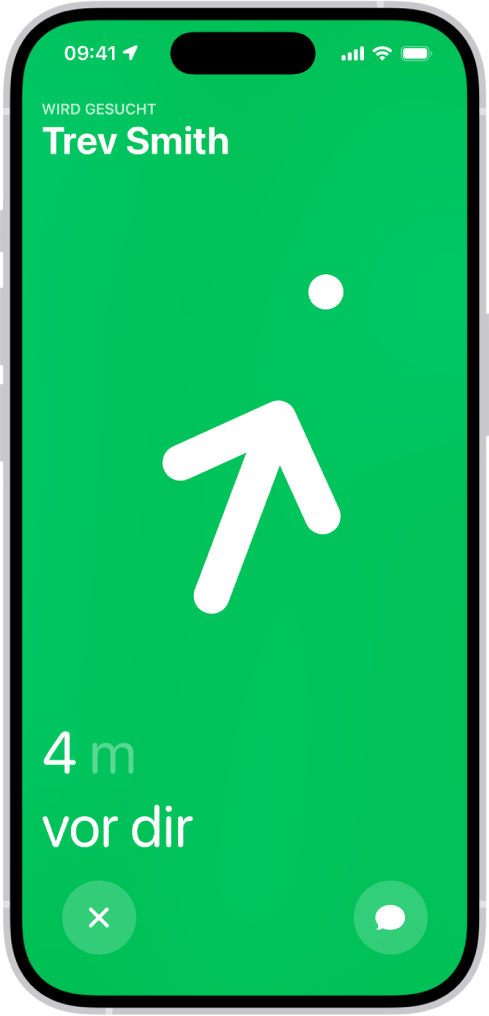 Der Name einer Person, die mit „Genaue Suche“ geortet wird, steht oben rechts und ein Pfeil zeigt die Richtung zu der gesuchten Person und eine geschätzte Entfernung an. Unten im Bildschirm befinden sich die Tasten zum Schließen von „Genaue Suche“ und zum Senden einer Nachricht an die Person.