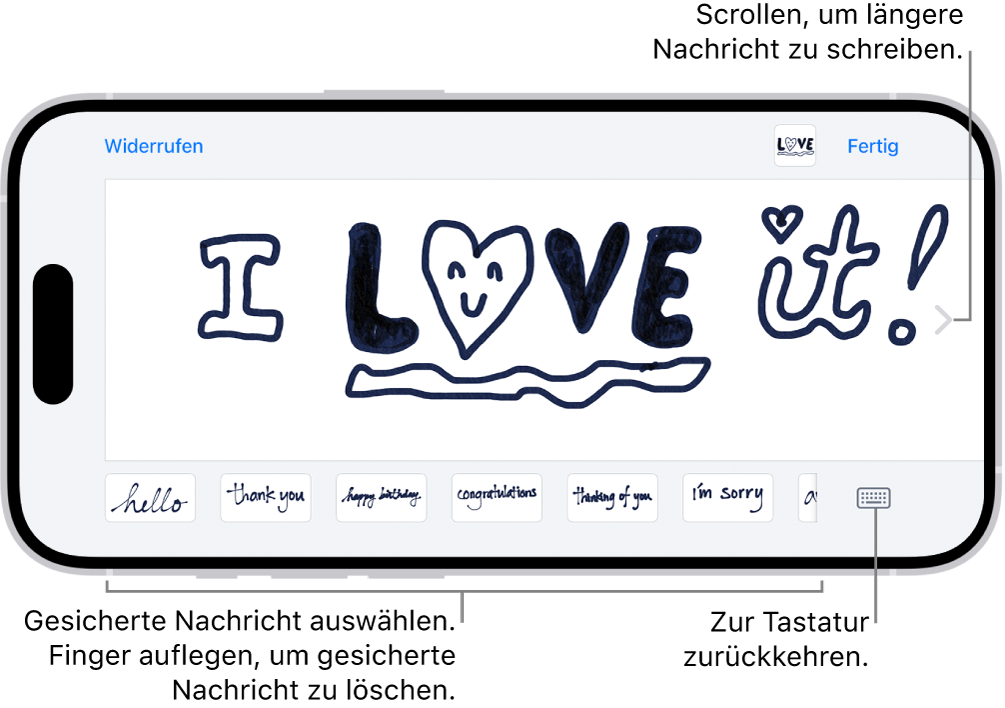 Der Zeichenbereich für einen handschriftliche Nachricht. Unten befinden sich von links nach rechts die gesicherten handgeschriebenen Objekte und die Taste „Tastatur“.