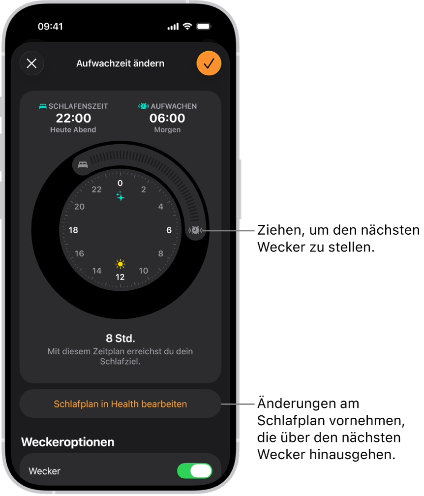 Ein Bildschirm zum Ändern des nächsten Weckers. Die Position der Taste „Wecker“ legt die Weckzeit fest.
