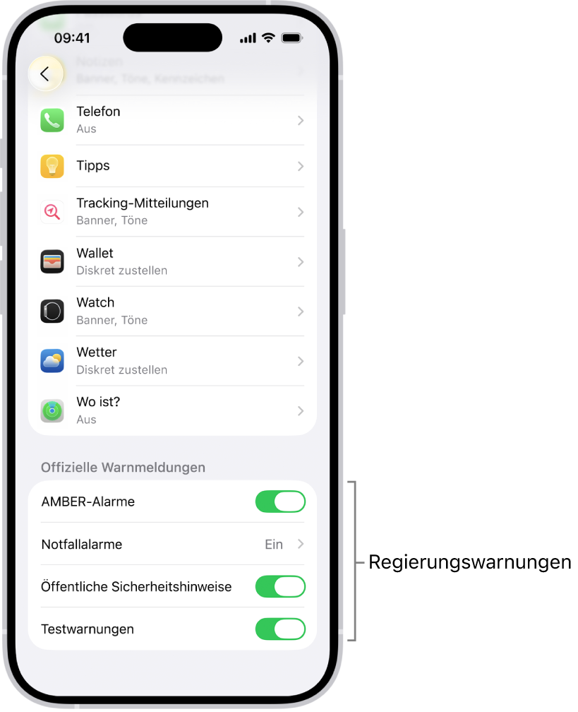Der Bildschirm „Mitteilungen“ mit der aktivierten Funktion „Offizielle Warnmeldungen“, um behördliche Warnmeldungen zu erhalten.