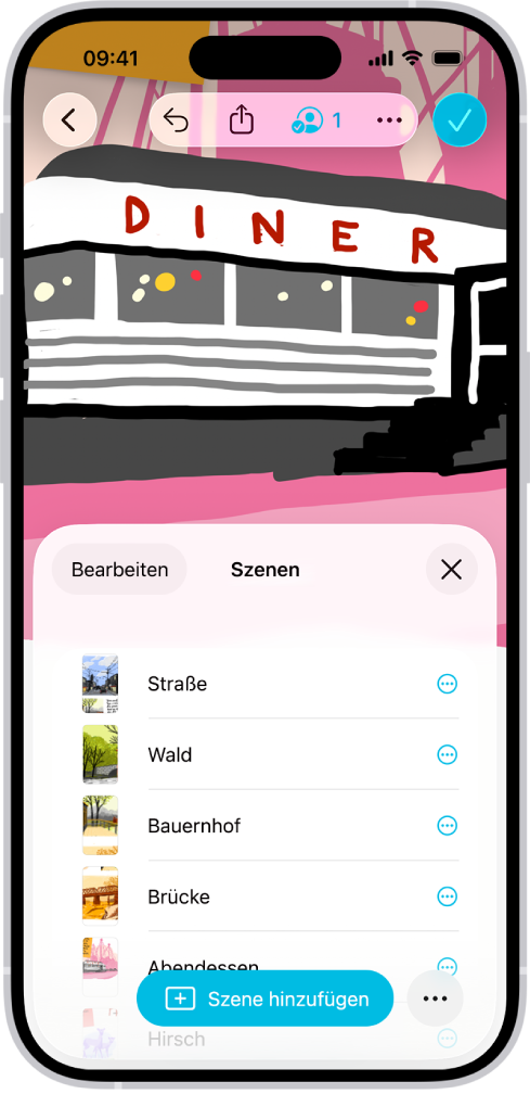 Ein Freeform-Board mit dem geöffneten Szenennavigator und mehreren gesicherten Szenen.