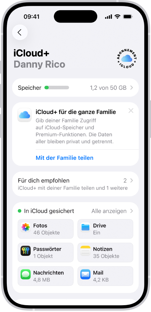 Bildschirm mit den iCloud-Einstellungen mit der Nutzungsanzeige für den iCloud-Speicher und einer Liste von Diensten wie „Fotos“, „iCloud Drive“ und „iCloud-Backup“, die mit iCloud verwendet werden können.