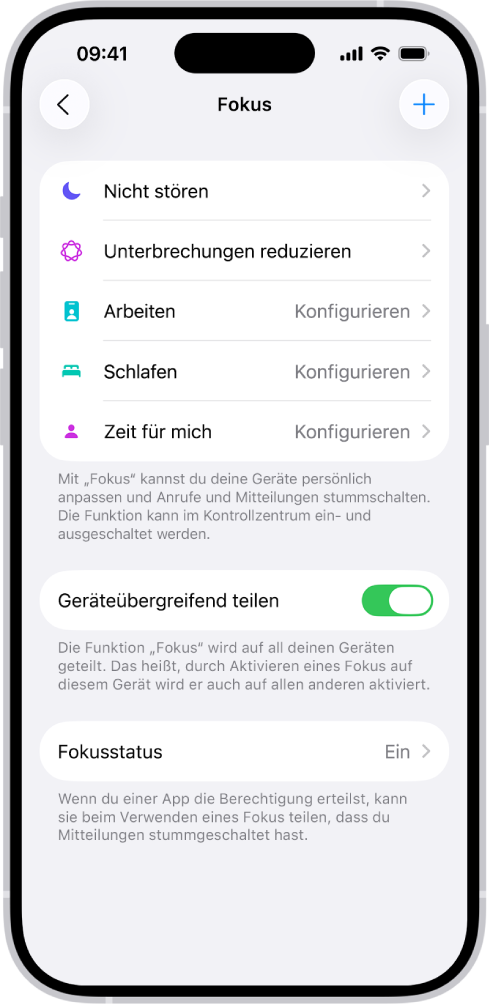 Vier Fokus-Optionen – „Nicht stören“, „Zeit für mich“, „Schlafen“ und „Arbeiten“. Die Taste „Geräteübergreifend teilen“ ermöglicht dir die Verwendung derselben Fokus-Einstellungen für alle deine Apple-Geräte, auf denen du mit demselben Apple-Account angemeldet bist.
