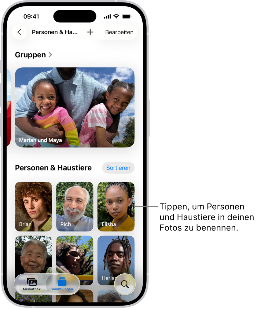 Die Sammlung „Personen & Haustiere“ in der App „Fotos“. Gruppen erscheinen oben und Personen und Haustiere werden darunter aufgeführt.