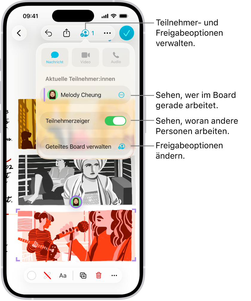 Ein geteiltes Freeform-Board auf dem iPhone mit dem geöffneten Menü zum Zusammenarbeiten.
