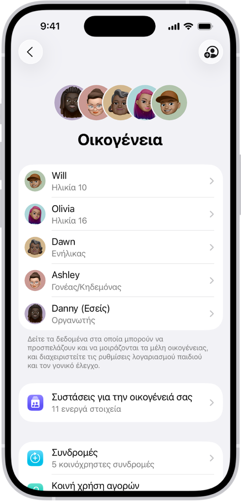 Η οθόνη «Οικογενειακή κοινή χρήση» στις Ρυθμίσεις. Εμφανίζονται πέντε μέλη οικογένειας. Κάτω από τα ονόματά τους, βρίσκονται η Λίστα ελέγχου οικογένειας και παρακάτω οι επιλογές «Συνδρομές» και «Κοινοποίηση αγορών».
