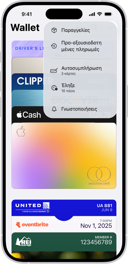 Μια πιστωτική κάρτα στην εφαρμογή «Πορτοφόλι».