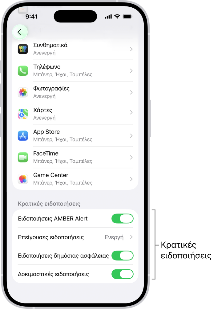 Η οθόνη «Γνωστοποιήσεις», όπου εμφανίζονται οι Κρατικές ειδοποιήσεις που μπορείτε να ενεργοποιήσετε για να λαμβάνετε κρατικές ειδοποιήσεις.