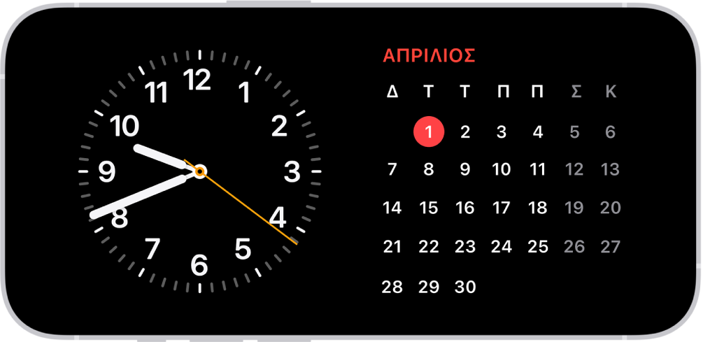 Το iPhone βρίσκεται στη λειτουργία Αναμονής σε χαμηλό φωτισμό περιβάλλοντος και εμφανίζει widget Ρολογιού και Ημερολογίου.