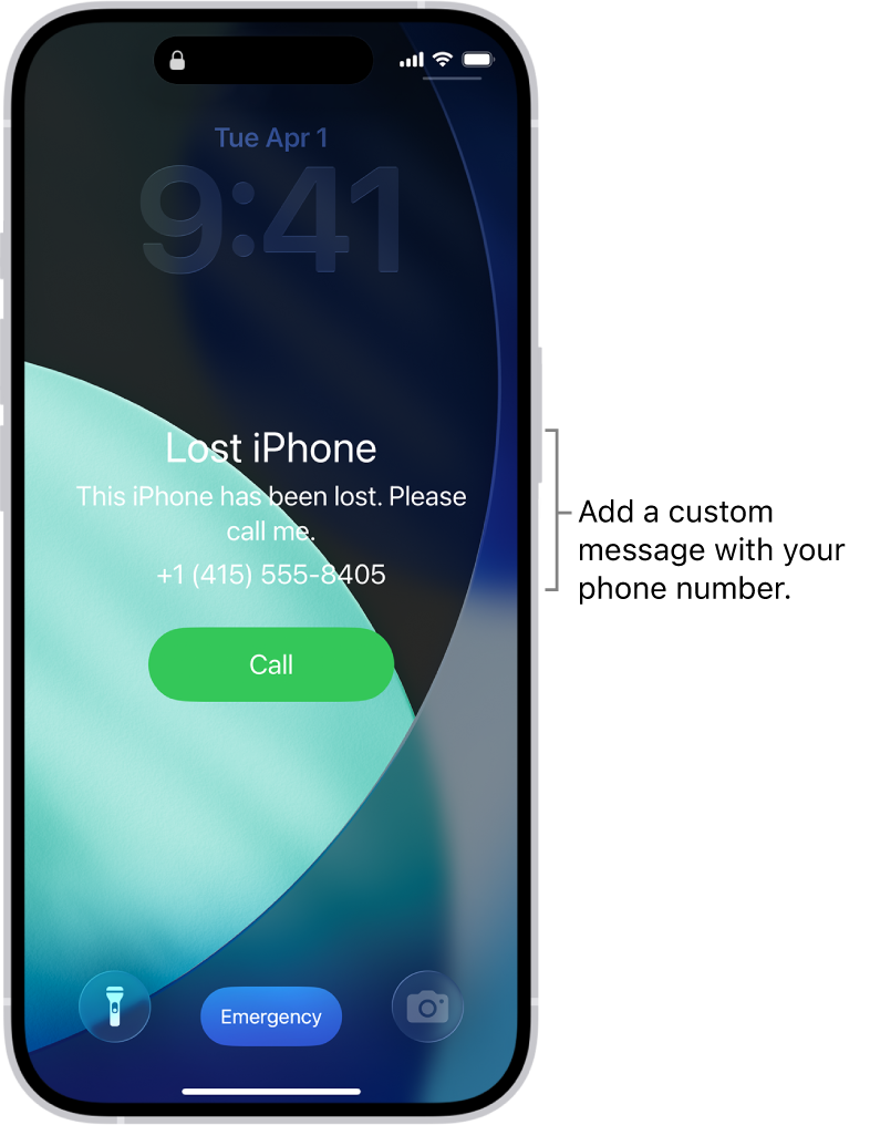 An iPhone Lock Screen with a lost iPhone message. You can add a custom message with your phone number.