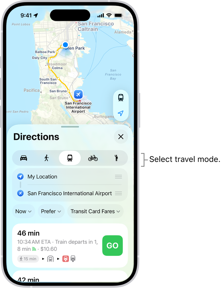 A map showing several route options between two locations, with buttons for choosing other travel modes, switching the starting point and destination, and viewing directions as steps.
