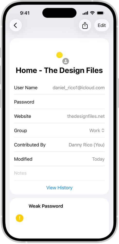 The Passwords app showing details for an account, including User Name, Password, and Website.
