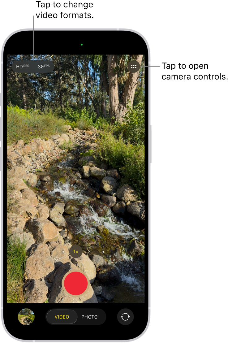 The Camera in Video mode. The Camera Controls button is in the top-right corner and the video format buttons are in the top-left corner. The Photo and Video Viewer button is in the bottom-left corner. The Record button is at the bottom center, and the Camera Chooser Back-Facing button is in the bottom-right corner.