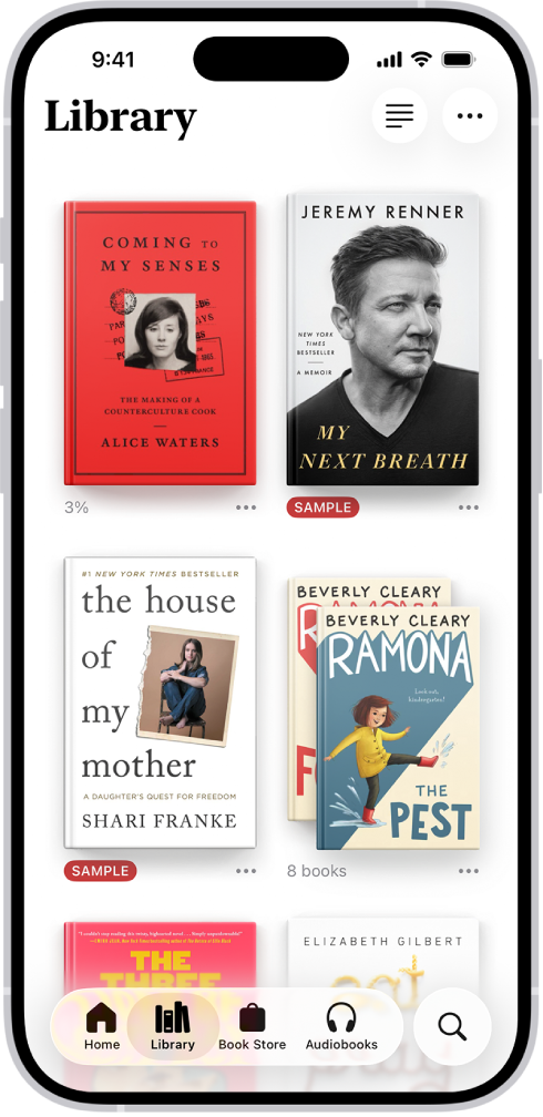 The Library screen in the Books app. At the top of the screen is the Collections button. In the middle of the screen are book covers. At the bottom of the screen are, from left to right, the Home, Library, Book Store, Audiobooks, and Search tabs. The Library tab is selected.