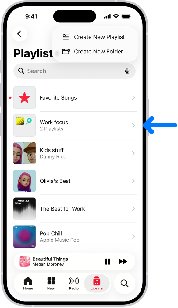 The Library tab showing the list of playlists. At the top are buttons to create a new playlist or create a new folder. A blue arrow is pointing to a playlist folder named Work focus.