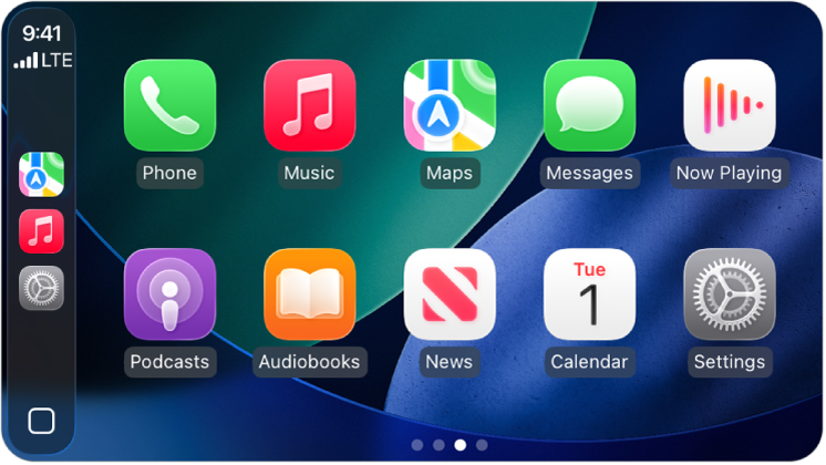 A CarPlay Home showing Maps, Music, and Messages in the Sidebar. To the right is Audiobooks, Calendar, Maps, Messages, Music, Now Playing, Phone, and Podcasts.